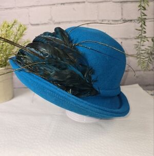 Blue Feathered Vintage Hat, 100% Wool Electric Blue With Esqusite Feather Detail